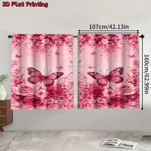 2pcs Butterfly Floral Pattern Printed Curtains, Single-Sided Printing, Semi-Sheer - Rod Pocket Curtains, Bedroom Living Room Kitchen Decor, Multiple Sizes Available, Privacy Protection, Machine Washable, Fade-Resistant Curtains, Bedroom Living Room Kitchen Decor (Rod Not Included) - Multicolor - View 11