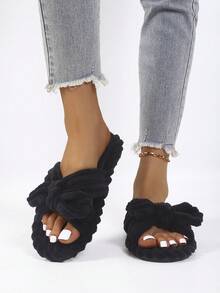 Autumn/Winter Bowknot Open-Toe Slippers, Soft-Sole Indoor House Slippers, Suitable For Wooden Floors, Spring/Autumn Corduroy Slippers, Fluffy Slippers - Black - View 2