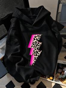 1 st hoodie för tween-flickor med leopardmönster, blixtgrafik och kontrasterande färger, svart och rosa, söt cool stil, 3D-blixtmönster, lös passform, sweatshirt med huva - Svart - Visa 1