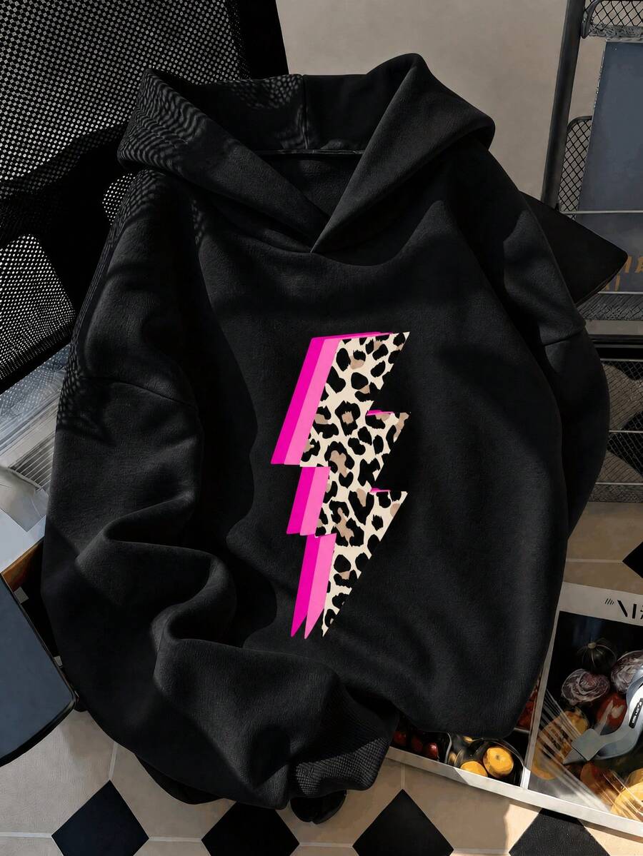 1 st hoodie för tween-flickor med leopardmönster, blixtgrafik och kontrasterande färger, svart och rosa, söt cool stil, 3D-blixtmönster, lös passform, sweatshirt med huva - Svart - Visa 1