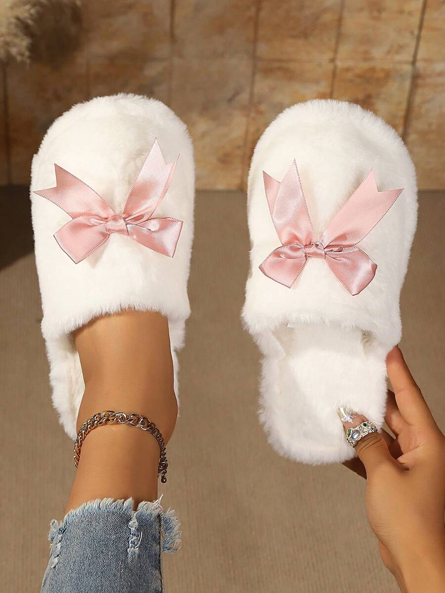 Pantuflas de mujer de peluche rosa con punta abierta, lazo de satén de unicolor, suaves y esponjosas, antideslizantes y cálidas, para uso diario en el dormitorio y el hogar - Blanco - Ver 1