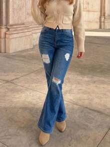 Women's Minimalist Distressed Stretch Flare Leg Denim Jeans - Dark Wash - View 3