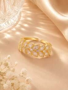 1pc French Gentle Style Hollow Leaf Wide Ring, Continuous Marquise Cut Design, Niche Premium Commuter Gift Hand Accessory - ring - View 5