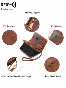 MIYIN Fashion Retro Hollow Design Credit Card Wallet, Women's, RFID Anti-Theft, Large Capacity Bifold Zipper Card Holder, With Wrist Strap, 32 Card Slots, Short Wallet, Wristlet Wallet, RFID Wallet, Suitable For Party, Shopping, Travel - Brown - View 8
