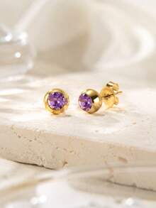 VceTd 1 Pair Mini Cute Style Colorful Glass Decorated Round Ball Stainless Steel Stud Earrings For Women, Suitable For Daily Wear - Yellow Gold - View 8