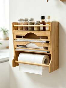 Wall Mount Bamboo Plastic Wrap Dispenser With Paper Towel Holder, Kitchen Storage Bamboo Wrap Dispenser,Kitchen Storage Rack,Aluminum Foil Storage Organizer, Kitchen Spice Rack Organiser,Home Organisation Accessory - View 3
