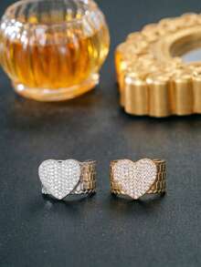 Cincin Manset Terbuka Bertekstur Sarang Lebah, Cincin Pernyataan Lebar Bertabur Berlian Imitasi Bentuk Hati yang Dapat Diatur, Perhiasan Fashion Hadiah untuk Wanita - cincin berbentuk hati - View 3