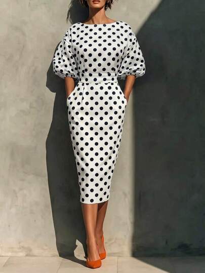 Women's Casual Polka Dot Midi Dress, Round Neck Long Puff Sleeves, Fitted Woven Fabric, Bodycon Style
