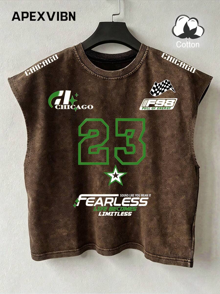 Camiseta de tirantes holgada con estampado del número 23 de Chicago American, efecto desgastado y lavado - Marrón - Ver 1