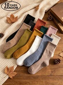 3/5/10 Pairs Random Solid Color Mid-Calf Socks, Autumn/Winter Retro Multi-Color Socks Set, Japanese Warm Tone All-Match Mid-Calf Socks, Versatile Solid Color Cotton Mid-Calf Socks, Autumn Colorful Slouch Socks, Casual Socks - Multicolor - View 8