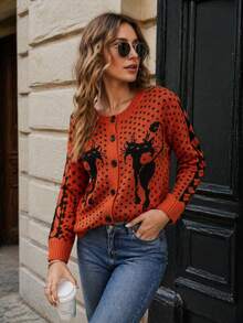2026 Autumn/Winter Women's New Halloween Round Neck Coffee Color Long Sleeve Star & Cat Pattern Knit Cardigan - Burnt Orange - View 1