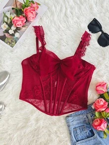 Sheer Floral Mesh V-Neck Cinched Waist Romantic Short Camisole Top - Red - View 3