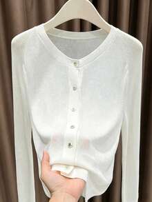 Alorah New Plus Size Elegant Casual Knit Cardigan, Solid Color Round Neck Long Sleeve Single Button Sheer Design - White - View 2