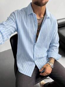 男士條紋長袖單排扣百搭舒適通勤休閒襯衫 - 淺藍色 - 查看 1