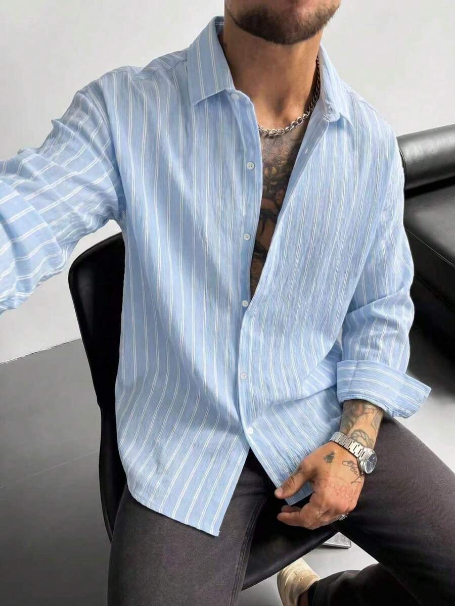 男士條紋長袖單排扣百搭舒適通勤休閒襯衫 - 淺藍色 - 查看 1