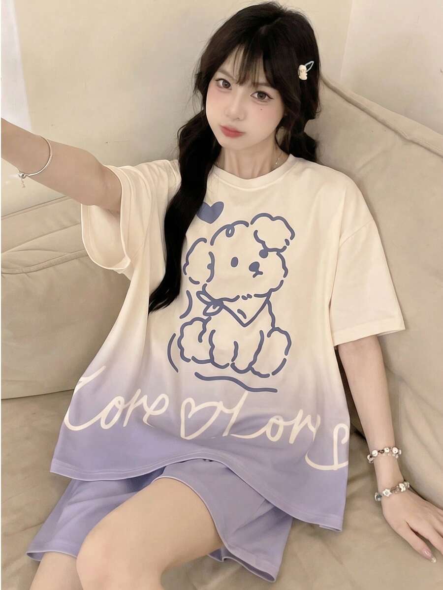 Pure Slumber 2pcs Women's Ombre Small Dog Print Pajama Set With Short Sleeve T-Shirt And Shorts,Two Pieces Set Outfit - Apricot - View 1