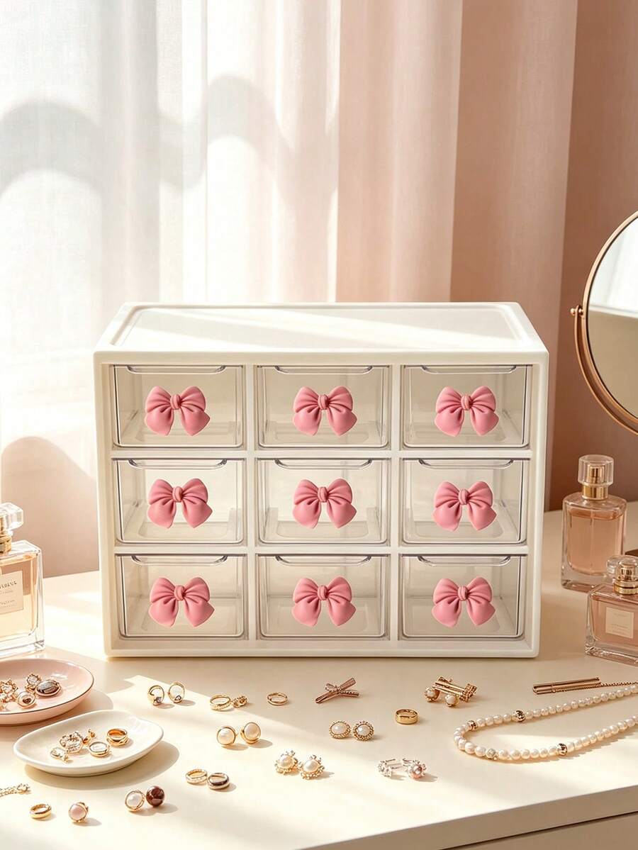 Drawer-Style Mini Cosmetic Storage Box With Bowknot Design, Transparent Plastic Stackable Storage Box, 9-Compartment Organizer With Multiple Dividers, Smooth Surface Easy To Clean, Dust-Proof Design, Large Internal Capacity, Suitable For Desktop, Office, Bedroom, Dorm, Living Room, Perfect For Back To School, Teacher's Day, Birthday, Holiday Gifts - Multicolor - View 1