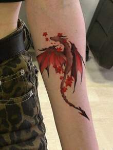 1pc Red Gray Gradient Flying Dragon Red Maple Leaf Slim Vertical Strip Temporary Tattoo Sticker, Realistic Fake Tattoo Design, Suitable For Daily Bachelorette Party Favors, Music Festivals, Gaming, Graduation Gifts, Lasts 3-5 Days - Multicolor - View 3