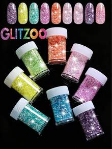 GLITZOO 全息美甲亮片貼紙，8色幻彩玻璃紙不對稱亮片，漸層冰晶美甲亮粉，適用於壓克力美甲、DIY美甲與樹脂手工藝 - 彩色 - 查看 1
