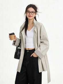 Korean Style Elegant 2026 Early Autumn New Vintage Mid-Length Leather Jacket Button-Up Top For College Office Daily Wear Spring Autumn - Apricot - View 8