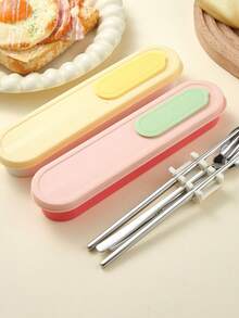 3pcs/4pcs Stainless Steel Spoon, Chopsticks, Fork With Storage Box Set, Portable Cutlery Set For Students And Outdoor Use - Multicolor - View 8