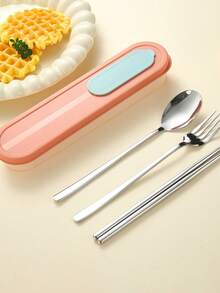 3pcs/4pcs Stainless Steel Spoon, Chopsticks, Fork With Storage Box Set, Portable Cutlery Set For Students And Outdoor Use - Multicolor - View 4
