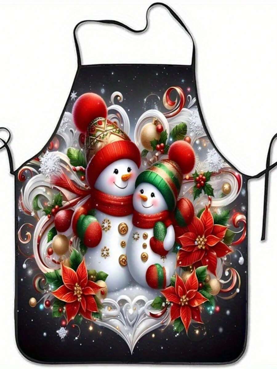 1 Peça Avental de Natal com Estampa de Boneco de Neve Duplo em Bottom Preto, Avental Retangular de Estilo Inverno Romântico Cintilante Rosa para Feriados, Avental de Cozinha com Cinto Ajustável e Alça Lateral Longa, Festa de Natal, Cozimento, Churrasco, Festa de Inauguração da Casa, Natal