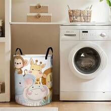 A Cute Wildlife Patterned Laundry Basket, Cartoon Elephant, Lion, And Giraffe Storage Bin With Handles, Organizer For Clothes And Home Decor - Multicolor - View 5