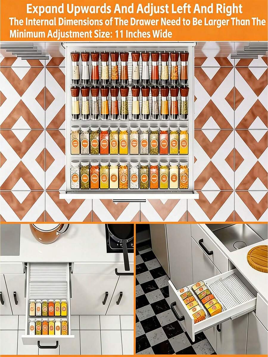 1/2/4/6/8pcs Expandable Spice Rack Organizer, Kitchen Storage Rack, Adjustable Tiered Spice Storage Rack, Slanted Non-Slip Spice Bottle Rack, Detachable Drawer-Style Spice Organizer, Stainless Steel Kitchen Cabinet Storage Organizer, Suitable For Countertop, Drawer Storage And Home Cooking
