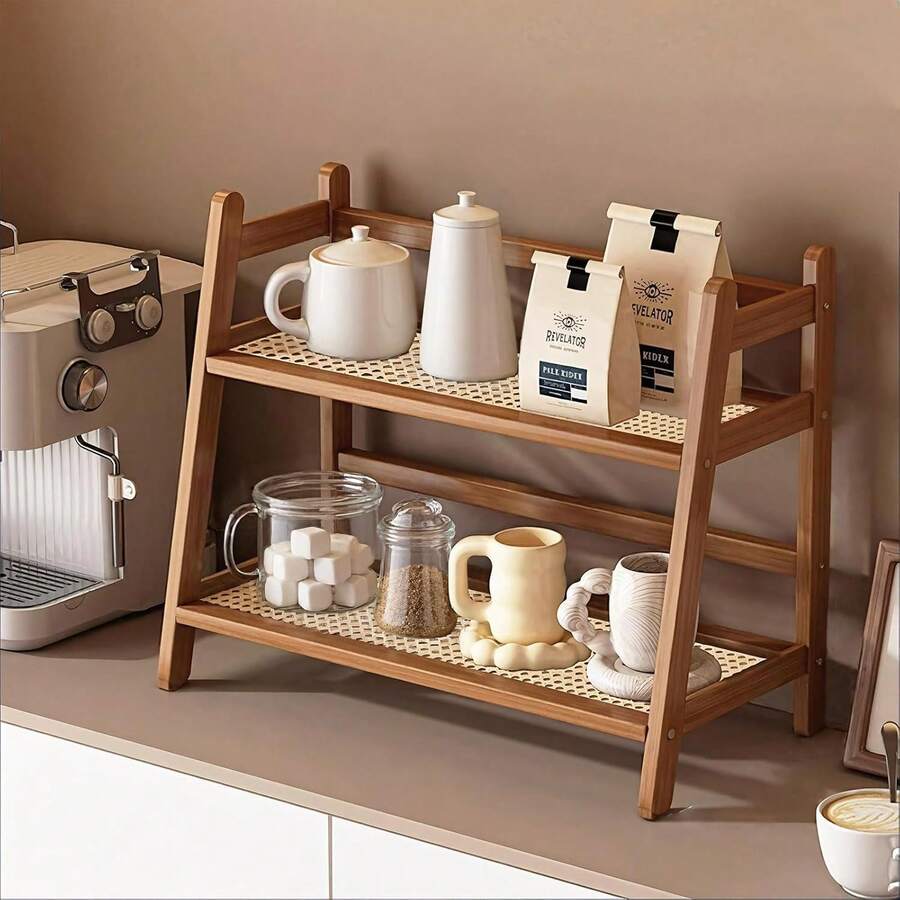 Bamboo Double-Layer Storage Rack, Tea Cup And Coffee Cup Holder, Spice Rack, Flower Stand And Bookshelf, Suitable For Kitchen, Office And Other Places, Quick Drainage And Ventilation, Moisture-Proof And Mold-Resistant - Multicolor - View 1