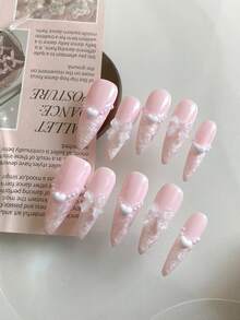 Coquette Style Pink Long Pointed Press On Nails, Milky Textured Bottom White Heart Pearl Chain Transparent Bow Design Cute Bride Fake Nails For Daily Party - Pink - View 3