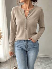 GIGOGOU Autumn Winter Basic Women Henley Neck Button Front Knit Sweater Long Sleeve Casual Solid Basic Pullover Top For Daily Wear - Khaki - View 7