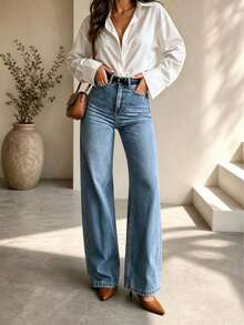 Women's Blue Denim Wide Leg Pants, Button Detail Design, Loose Long Fit, Casual Bohemian Style, Suitable For Spring Wear, Medium Stretch Fabric - Medium Wash - View 4