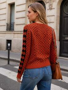 2026 Autumn/Winter Women's New Halloween Round Neck Coffee Color Long Sleeve Star & Cat Pattern Knit Cardigan - Burnt Orange - View 5