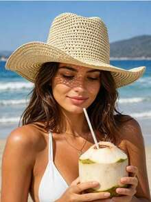 Women's Bohemian Straw Cowboy Hat, Wide Brim Woven Sun Hat, Adjustable Chin Strap Beach Hat, Suitable For Vacation, Resort, Festival And Daily Wear - Multicolor - View 5