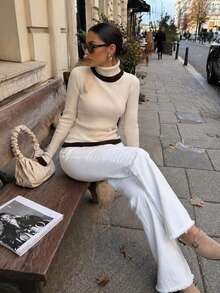 Cream & Dark Brown Colorblock High Neck Ribbed Slim Fit Knit Base Layer Top For Women, French Minimalist Commute & Date Innerwear, Autumn/Winter - Apricot - View 4
