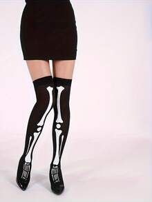 1/3 Pairs Black Knee-High Socks With Dark Skull Pattern, Suitable For Halloween, For Teenagers - View 4