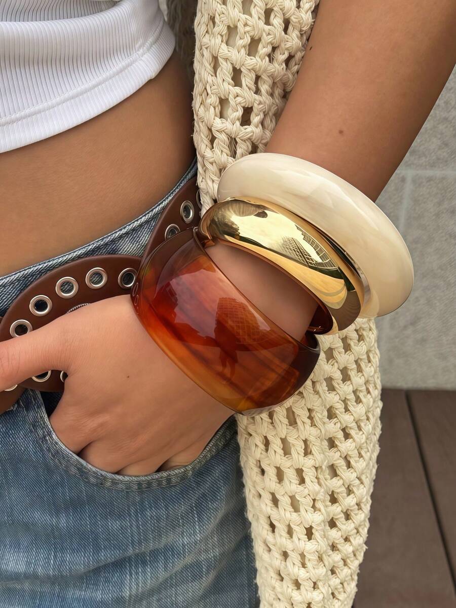 Juego de 3 piezas de pulseras de resina translúcida asimétrica exagerada para mujeres, versátil - Multicolor - Ver 1