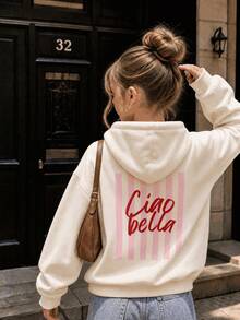 1pc Tween Girls Hooded Sweatshirt With Sweet Back Print, Pink Vertical Stripes Ciao Bella Handwritten Letter Pattern, Loose Fit Casual Pullover Sweatshirt, Gentle And Fresh Everyday Wear - Apricot - View 2