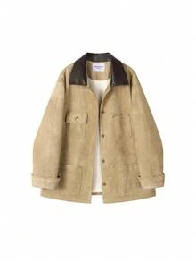 Jaket Kancing Depan Bahan Suede Beludru Gaya Gudang Vintage Maillard Warna Cokelat, Kasual Musim Dingin untuk Kampus/Kantor - Khaki - View 3