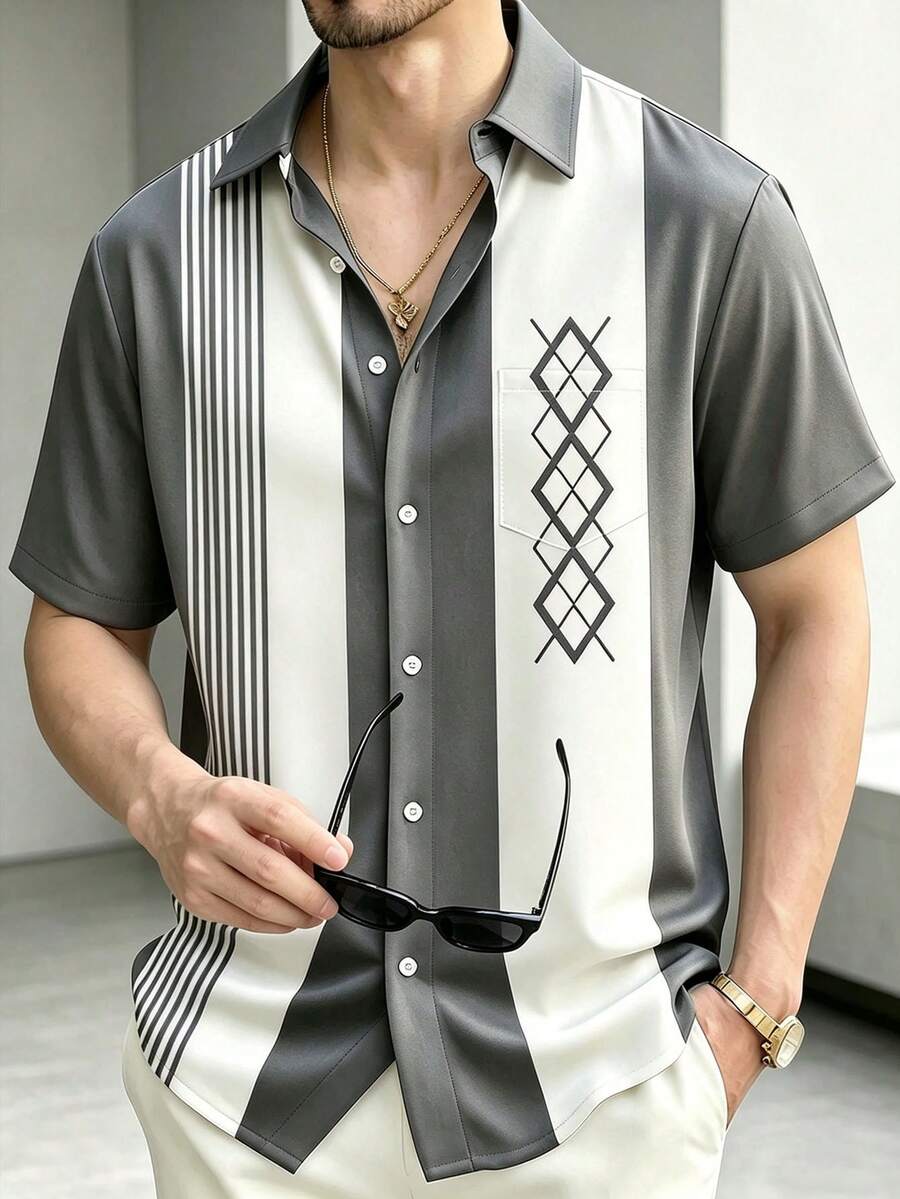 復古保齡球條紋幾何印花男士鈕扣口袋襯衫