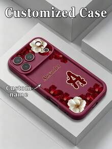 1pc Customized Letter Text, Hibiscus And White Flower Pattern TPU Thickened Shockproof Protective Phone Case Compatible With Apple 17ProMax/16 Pro Max/15Pro/14 Plus/13 Pro/12 Pro Max/11/XsMax/8/7 Phone Accessories Protective Case - Burgundy - View 1