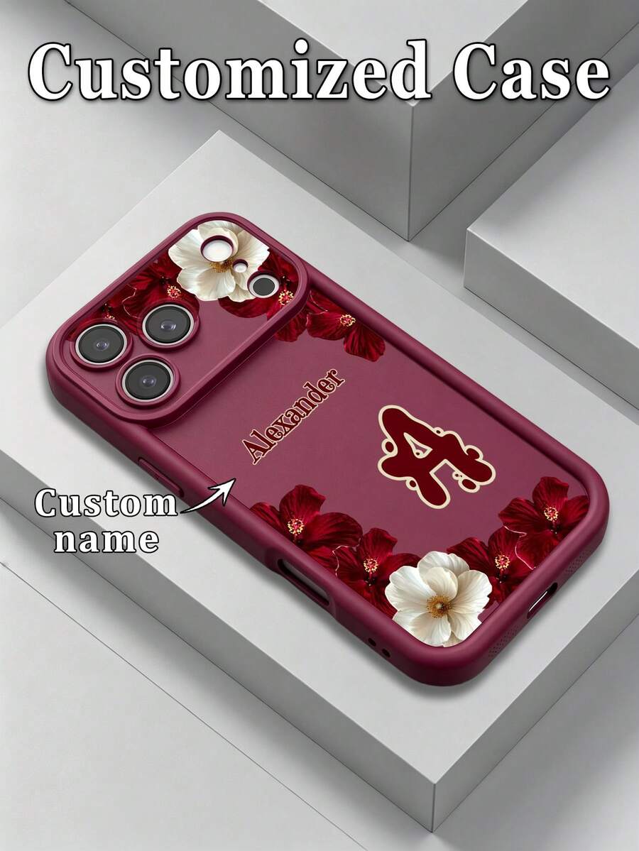 1pc Customized Letter Text, Hibiscus And White Flower Pattern TPU Thickened Shockproof Protective Phone Case Compatible With Apple 17ProMax/16 Pro Max/15Pro/14 Plus/13 Pro/12 Pro Max/11/XsMax/8/7 Phone Accessories Protective Case - Burgundy - View 1