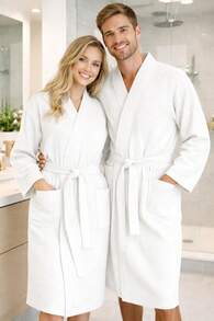 Unisex-Badewäsche aus Baumwolle; einfarbiger, leichter Waffelgewebe-Kleidungsbademantel; schnell trocknend, bequem und lässig - Weiss - Übersicht 2