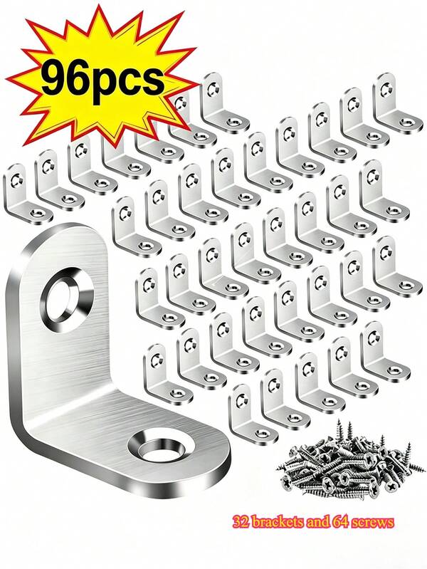 96 piezas Soporte en L, Soportes en L de acero inoxidable para estantes, Soporte de esquina de metal, Soportes de ángulo pequeños para muebles de madera, silla, cajón, gabinete con 80 piezas de tornillos