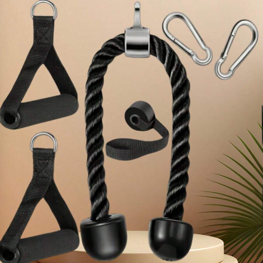 Set Perlengkapan Gym Tugas Berat dengan Tali Trisep, 2 Pegangan Latihan, 2 Carabiner, Jangkar Pintu untuk Latihan di Rumah, Latihan Resistensi, dan Sistem Katrol - Hitam - View 1