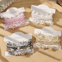 7pcs/Set Boho Multi-Layer Ocean Theme Bracelet Set, Starfish & Shell Faux Pearl Beaded Bracelets, Beach Holiday Accessories - Starfish Shell Bracelet - View 7