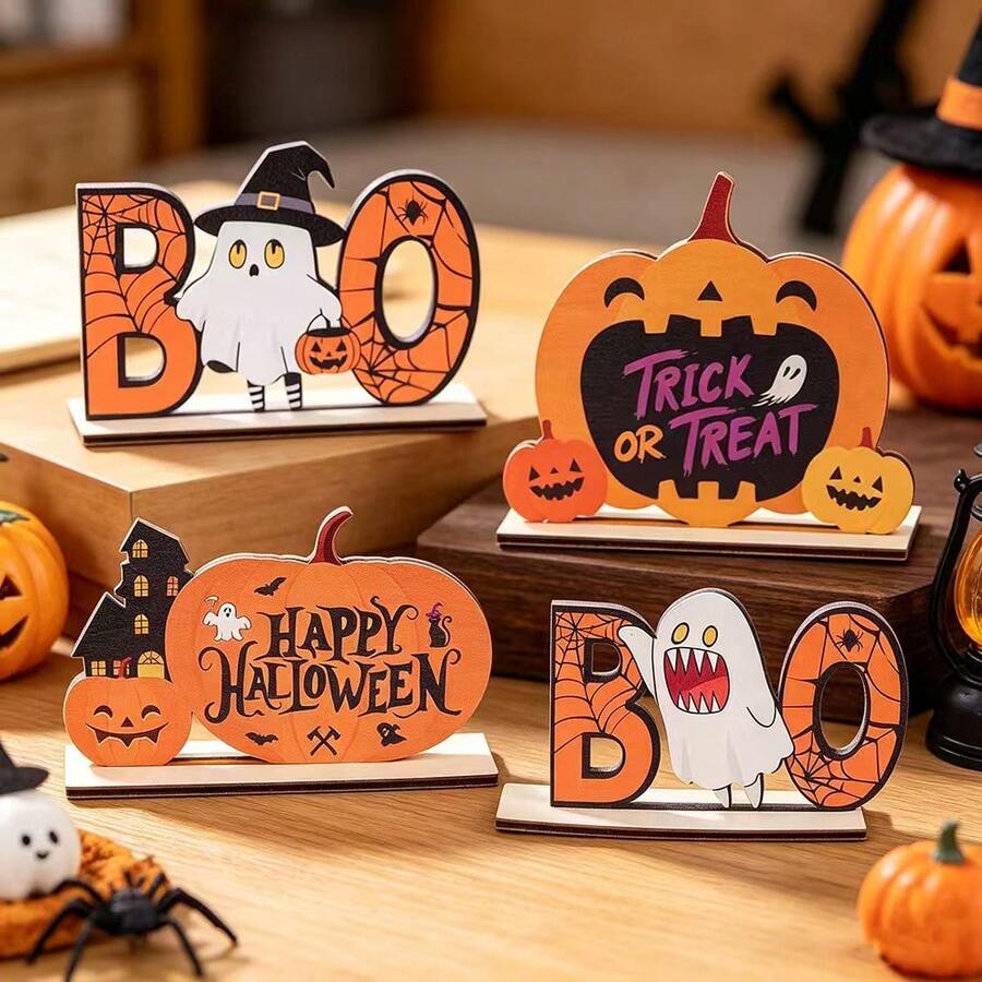 Rustikale freistehende Holz-Halloween-Tischdekoration, gruselige Boo-Geister-Kürbis-Spinnen-Hexen-Tafel, Spukhaus-Herbst-Etagere-Innen-Party-Mittelstück-Ornament-Geschenk - A - Übersicht 1