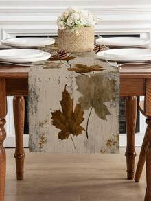1Pc Wabi Sabi Wood Texture Maple Branch Table Runner Neutral Autumn Foliage Polyester Table Linen For Daily Home Decor - Light Grey - View 3
