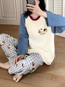 2pcs/Set Women's Pajamas Loungewear Set, Round Neck Pullover Cute Dachshund Dog Print Minimalist Long Sleeve Long Pants, Suitable For All Seasons - Blue and White - View 9